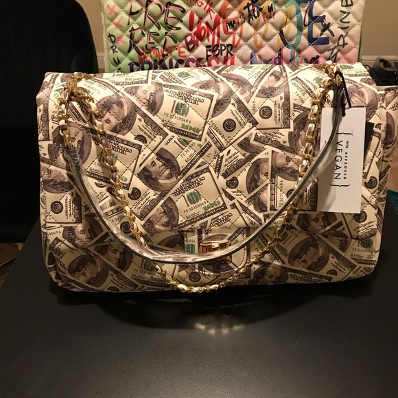 Graffiti money handbag with gold feet, 2 inside zipper pockets, 2 open pockets - Picture 1 of 8